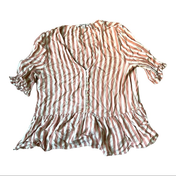 Madewell Courtyard Ruffle-Hem Top Size XXS Striped V-Neck Button Front Blouse - Picture 4 of 7